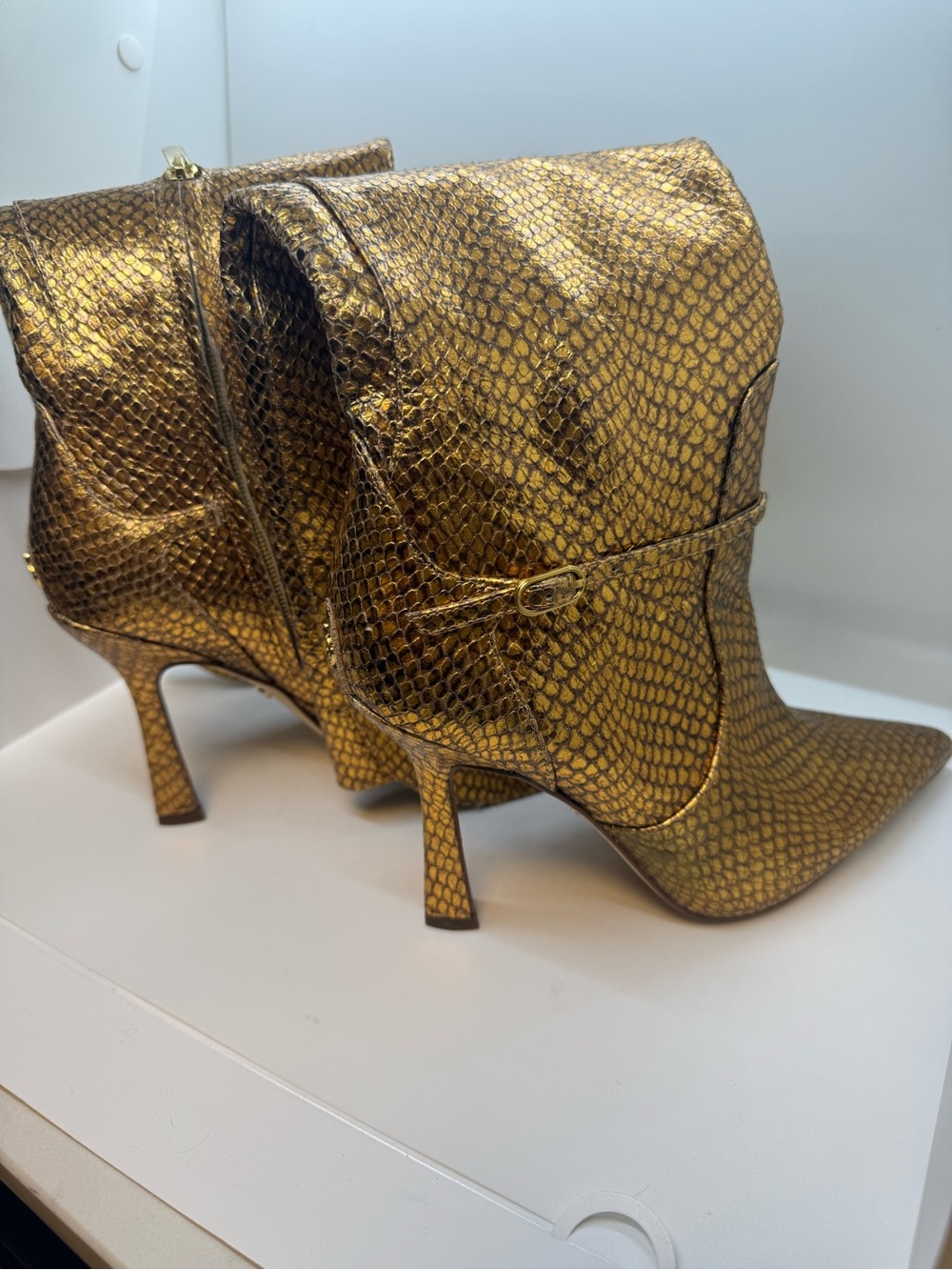 Sam Edelman Metallic Gold Snake-Print Pointed Toe Ankle Boots
